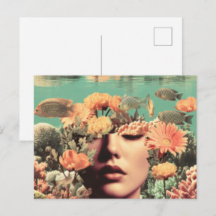 Cartão Postal Retrato Subaquático Surrealista Com Flores de Cora