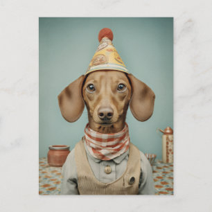 Cartão Postal Retrato Vintage de Dachshund com Chapéu de Festa