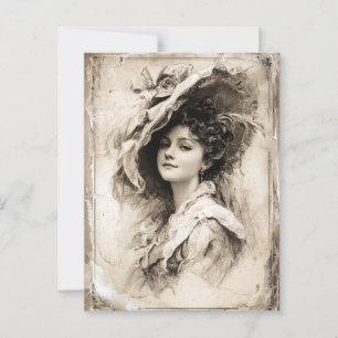 Cartão Postal Retrato Vintage de uma Senhora com Chapéu Elegante