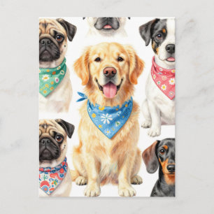Cartão Postal Retratos de Cachorrinhos Fofos com Lenço em Colage