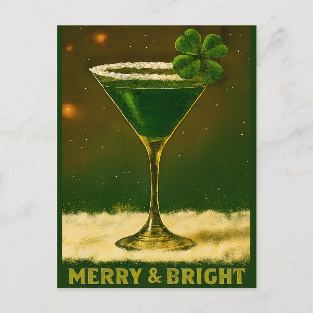 Cartão Postal Retro 50s 4 Leaf Clover Irish Christmas Martini (Frente)