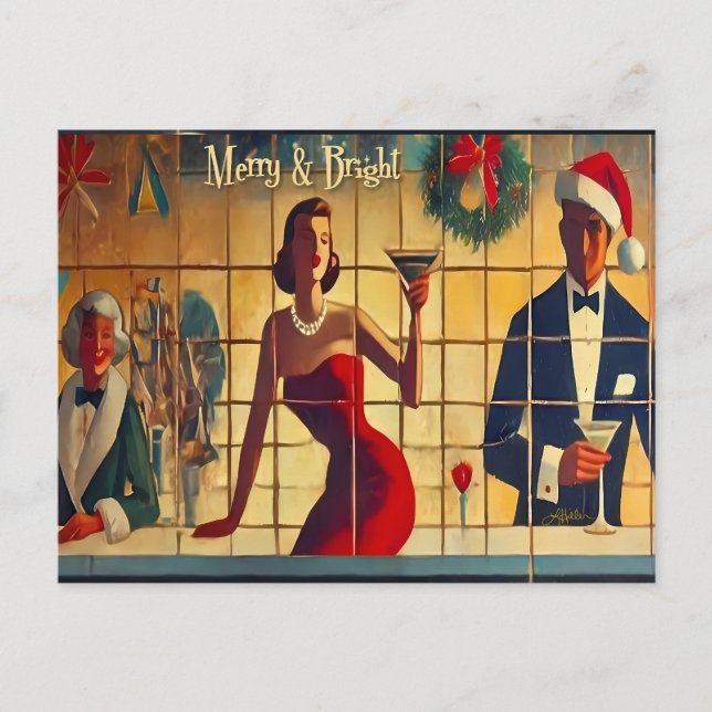 Cartão Postal Retro 50s Christmas Eve Bar Last Call Martini (Frente)