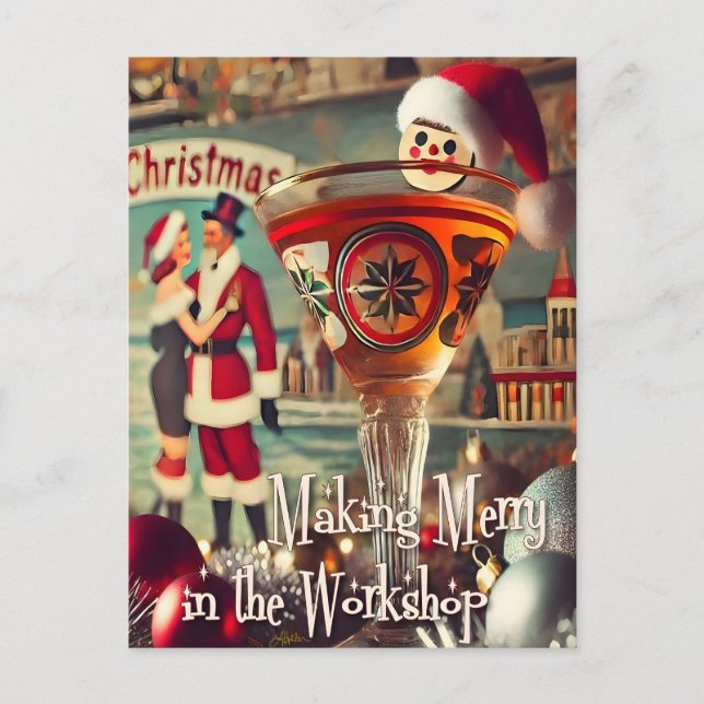 Cartão Postal Retro 50s Cocktail Making Merry Christmas Workshop (Frente)