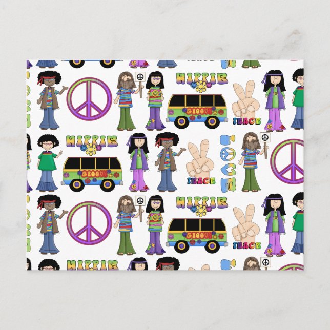 Cartão Postal Retro 60s Hippie Love Peace (Frente)