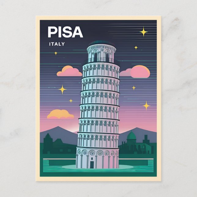Cartão Postal Retro 80s Neon Synthwave Lening Tower Pisa Itália (Frente)
