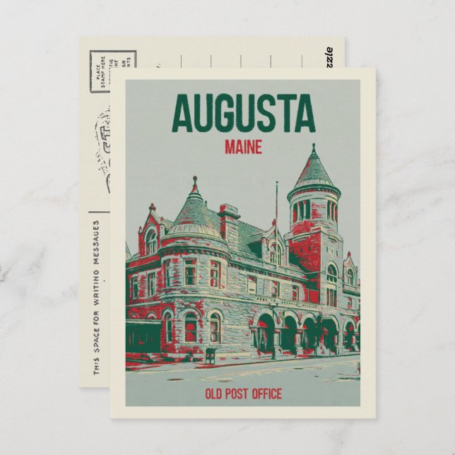 Cartão Postal Retro Augusta Maine, antigo Gabinete de Posto (Frente/Verso)