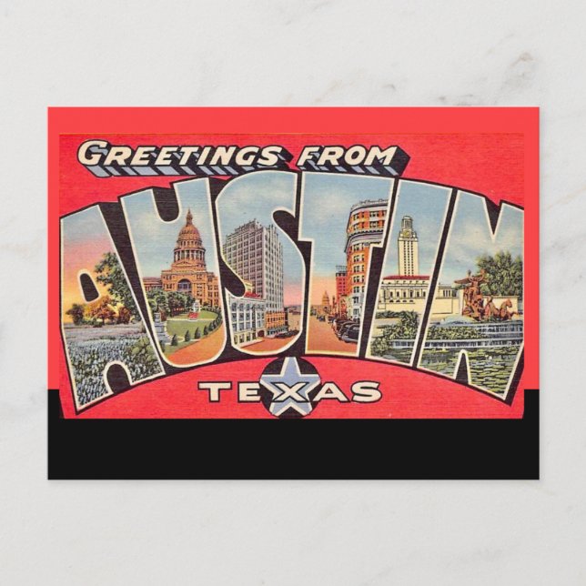 Cartão postal retro Austin Texas linha preta (Frente)