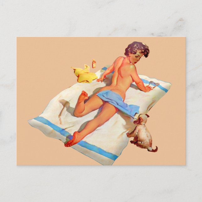 CARTÃO POSTAL RETRO BEACH GIRL SUN BATHING (Frente)