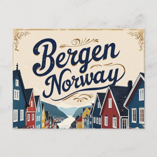 Cartão Postal Retro Bergen Harbor View (Frente)