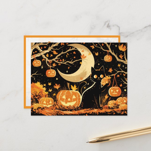 Cartão Postal Retro Black Cat with Jack-o’-Lanterns (Frente/Verso In Situ)