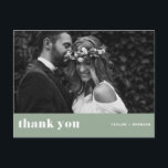 Cartão Postal Retro Bold Typografia Sage Green Casamento Obrigad<br><div class="desc">Marinho de Tipografia Trazida Foto Azul Casamento Obrigado Cartão-Postal | obrigado de fotos personalizável que você faz o cartão postal com tipografia retrógrada. Esse cartões de agradecimentos verde sábio será perfeito para vários eventos, como casamentos e graduações. Personalize adicionando suas fotos horizontais favoritas. Disponível como uma placa plana e dobrada....</div>