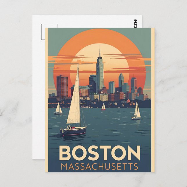 Cartão Postal Retro Boston Skyline & Sailcraft | Massachusetts (Frente/Verso)