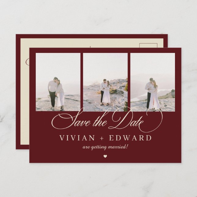 Cartão Postal Retro Burgundy Ivory 3 Photo Collage Save The Date (Frente/Verso)