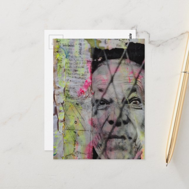 Cartão Postal retro caged man junk journal Mixed Media Collage (Frente/Verso In Situ)