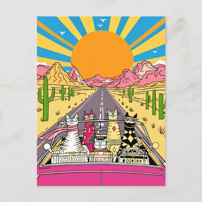 Cartão Postal Retro Cats on Vacation Take a Road Trip (Frente)