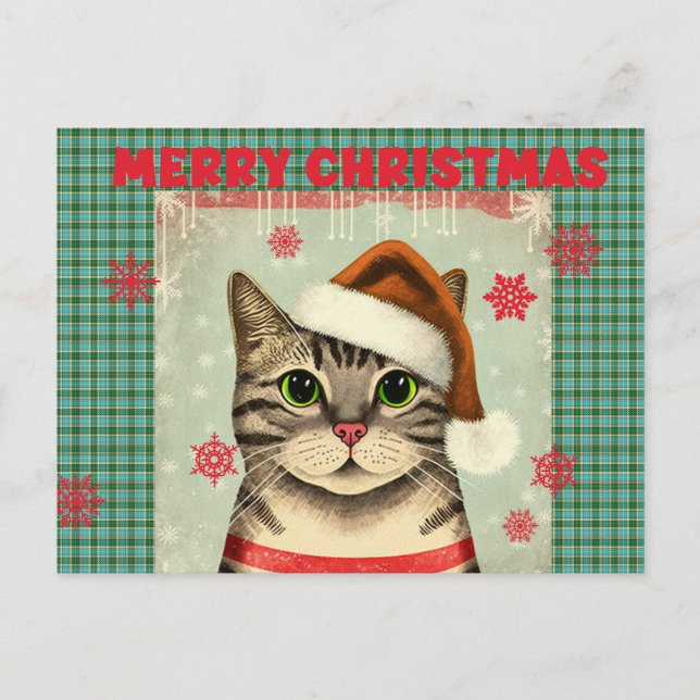 Cartão Postal Retro Christmas Cat Merry Christmas postcard (Frente)