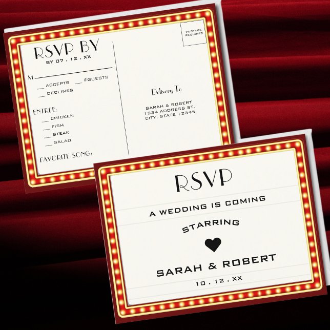 Cartão Postal Retro Cinema Theater - Símbolo de Casamento Vermel (Retro Cinema Theater Marquee Sign Red Wedding RSVP Postcard)