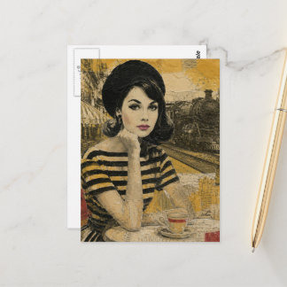Cartão Postal Retro Coffee at the Train Station Woman Collage