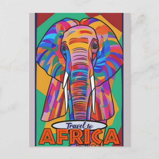 Cartão Postal Retro Colorido Elefante Viagem África (Frente)