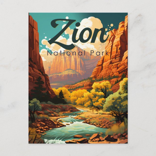 Cartão Postal Retro da Ilustração do Parque Nacional Zion (Frente)