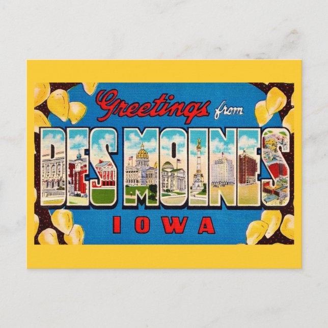 Cartão postal retrô de Des Moines Iowa (Frente)