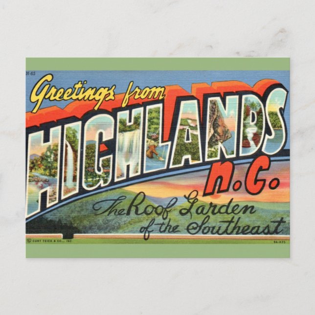 Cartão postal retrô de Highlands NC (Frente)