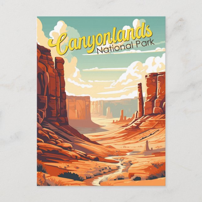 Cartão Postal Retro de Ilustração do Parque Nacional Canyonlands (Frente)