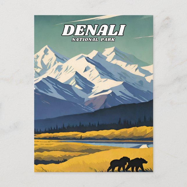 Cartão Postal Retro de ilustração do Parque Nacional Denali (Frente)