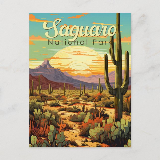 Cartão Postal Retro de Ilustração do Parque Nacional do Saguaro (Frente)