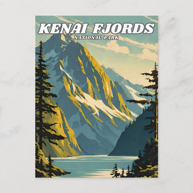 Cartão Postal Retro de ilustração do Parque Nacional Kenai Fjord (Frente)