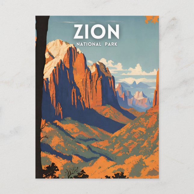 Cartão Postal Retro de ilustração do Zion National Park (Frente)