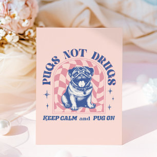 Cartão Postal Retro divertido Pug "Pugs Not Drug" Bublegum rosa