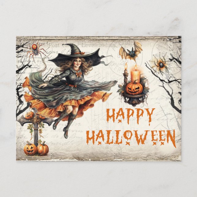 Cartão Postal Retrô engraçado Halloween assusta bruxa má (Frente)