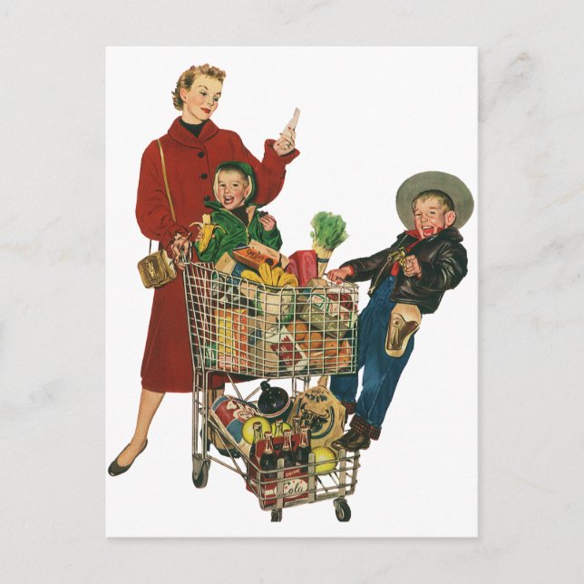 Cartão Postal Retro Family, Mom and Kids, Cart Grocery Shopping (Frente)