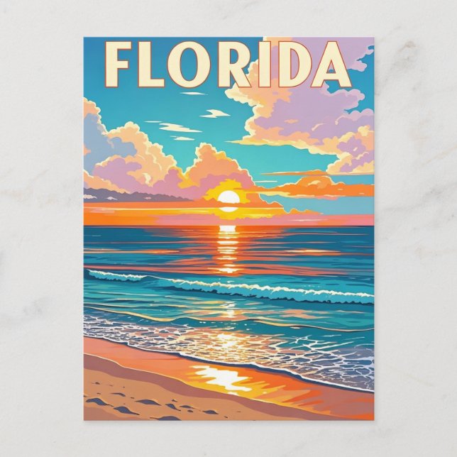 Cartão Postal Retro Florida Beach: Illustrated Sunset Getaway (Frente)