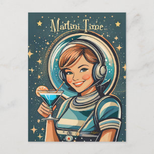 Cartão Postal Retro Futurista Hora do Martini da Garota Astro
