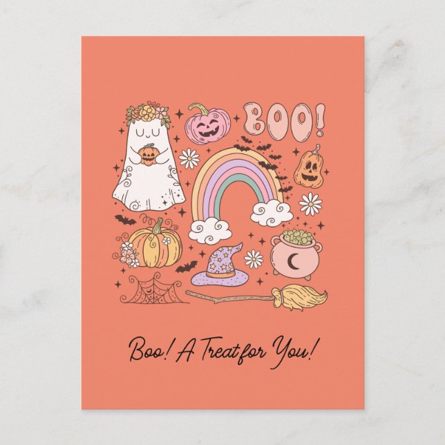 Cartão Postal Retro Halloween Ghost Pumpkin Spider Web Hat (Frente)
