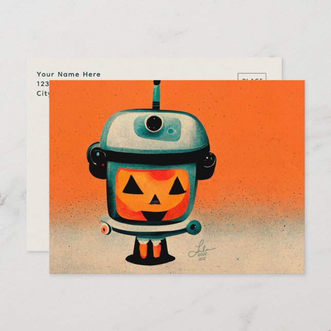 Cartão Postal Retro Halloween Robot 002 ・ Bela Arte Personalizad (Frente/Verso)