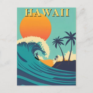 Cartão Postal Retro Hawaii Surfing Sunset & Waves Viagem
