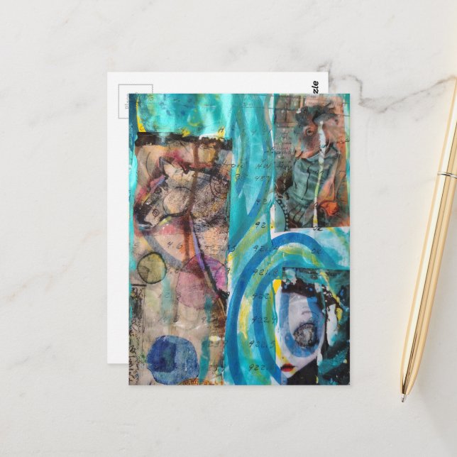 Cartão Postal Retro Horse, Donkey, and a Doll Unique Mixed Media (Frente/Verso In Situ)