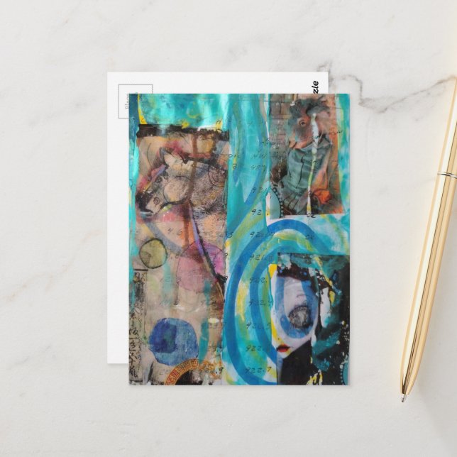 Cartão Postal Retro Horse, Donkey, and Doll Mixed Media Collage (Frente/Verso In Situ)