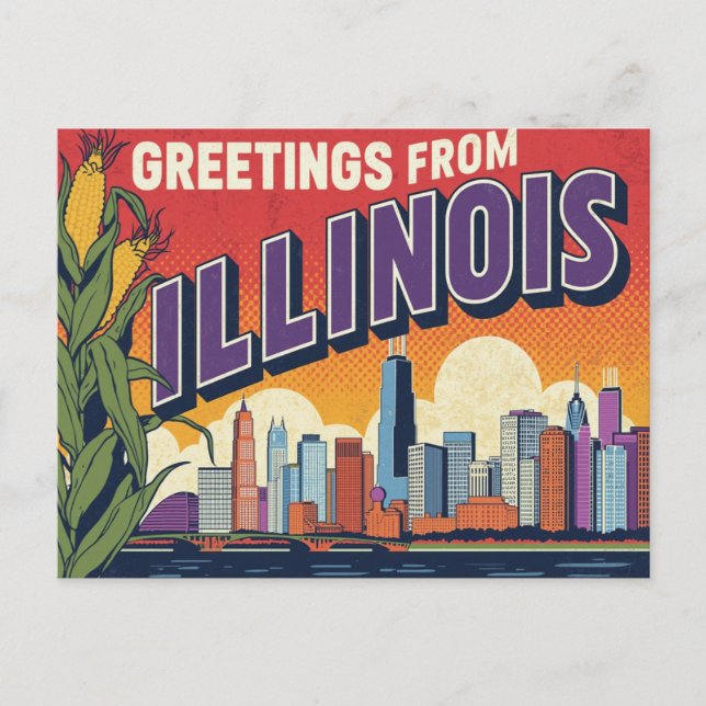 Cartão Postal Retro Illinois Chicago Skyline Corn Greetings (Frente)