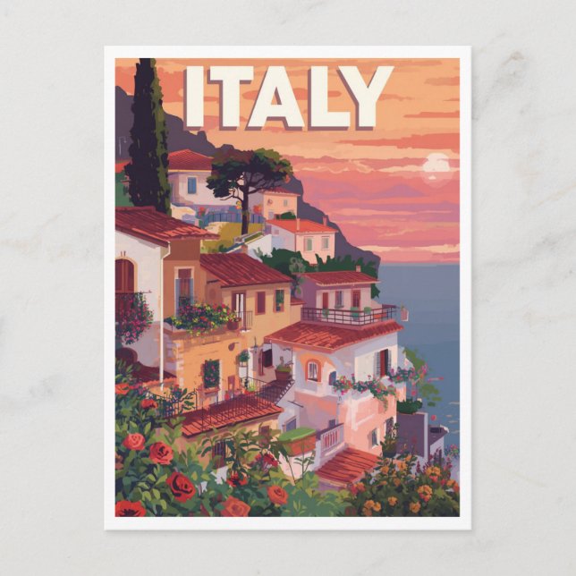 Cartão Postal Retro italiano Riviera Seaside Villa e Ocean (Frente)