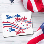 Cartão Postal Retro Kamala Harris Tim Walz Blue Red Election<br><div class="desc">Este cartão postal bonito Kamala Harris Tim Walz apresenta estrelas e listras onduladas em azul e vermelho para os EUA. Um presente patriótico e democrata americano legal em fonte de colheita divertida.</div>