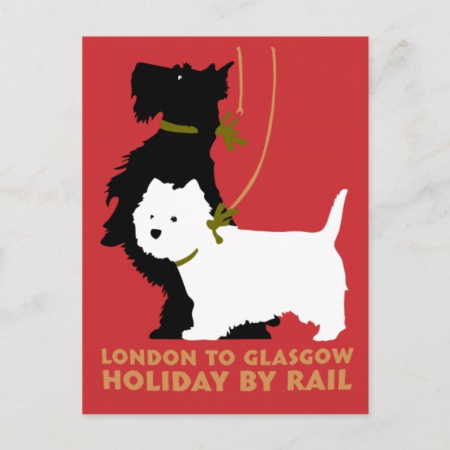 Cartão Postal Retro London e Glasgow de trem, cachorros terriers (Frente)