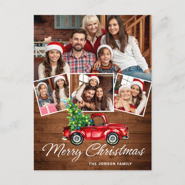 Cartão Postal Retro Natal Red Truck Russ 4 FOTO Saudação (Frente)