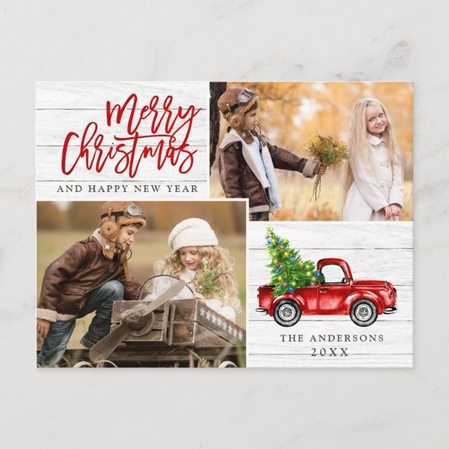 Cartão Postal Retro Natal Red Truck Russo 2 FOTO Saudação (Frente)