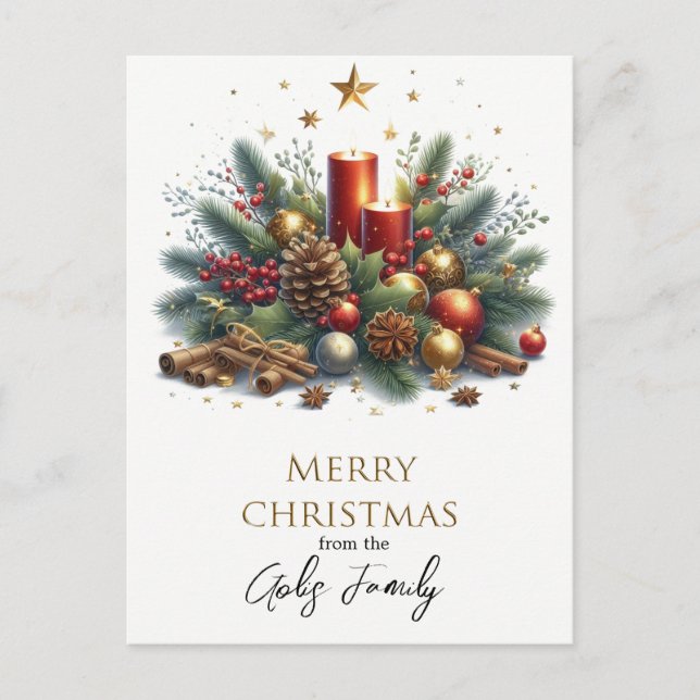 Cartão Postal Retro Natal Velas e Férias em Ouro  (Frente)