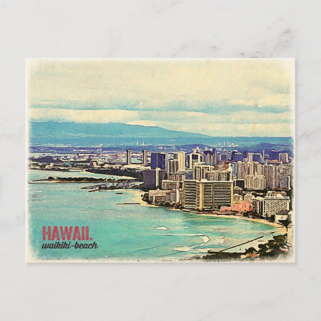 Cartão Postal Retro Old Look Hawaii Oahu Island Waikiki Beach (Frente)
