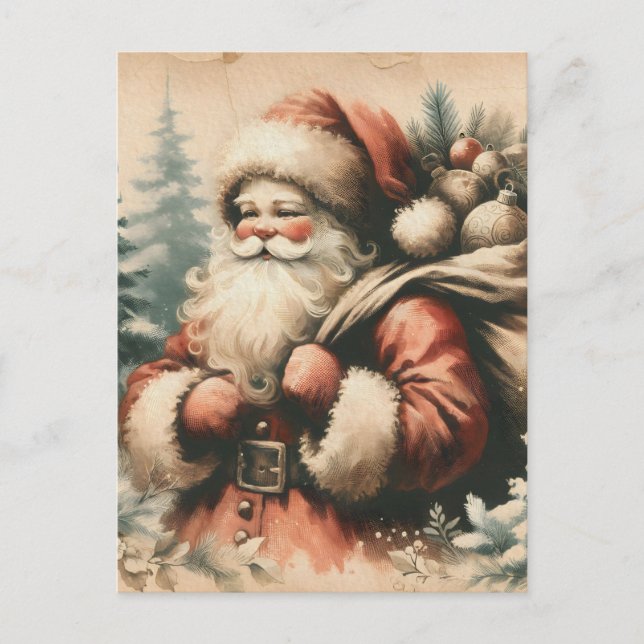 Cartão Postal Retro Papai Noel com Ornamentos (Frente)